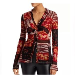 Free People Lucky Printed Blouse Patchwork Semi Sheer Mesh Boho Button Large